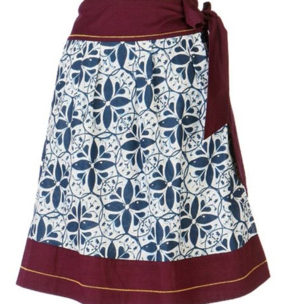 Wrap Midi Skirt with Navy Floral Tile Print and Burgundy Trim